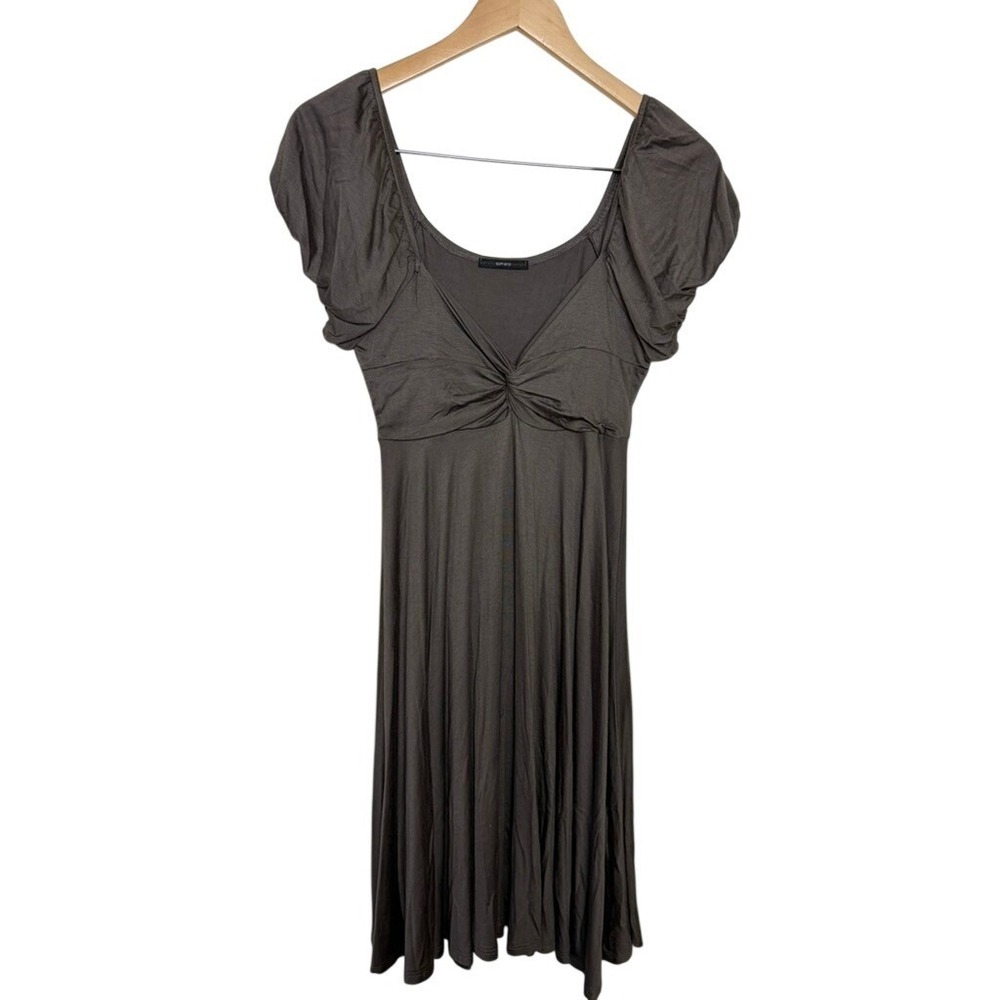 Soprano Women Dark‎ Taupe Brown Empire Waist Knot Front Puff Sleeve Knit Dress M